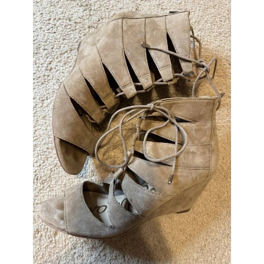 Sam Edelman Santina Neutral Suede Beige Caged Lace Wedge Womens Shoes Size 7.5